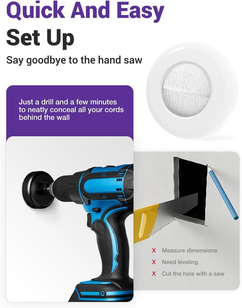 VCELINK Brush in Wall Cable Management Kit for Wall Mounted TV, Cord Hider for Low Voltage Cables Pass Through, Includes Hole Saw Drill Attachment and Mounting Brackets for Easy Install, White, 2-Pack - Image 4